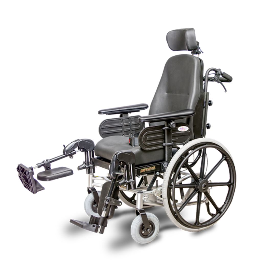 The Heartway Spring Tilt N Space Reclining Manual Wheelchair is shown in black and silver with large rear wheels, small front wheels, an adjustable headrest, padded armrests, and elevated leg supports on a white background.